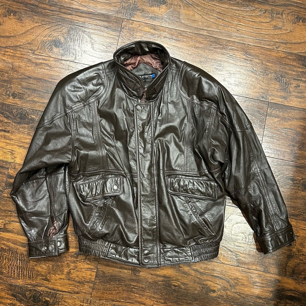 Architect Genuine Leather Brown Bomber Jacket, Men's Size Large